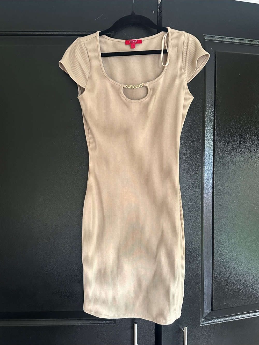Guess Beige Ribbed Mini Dress with Gold Chain